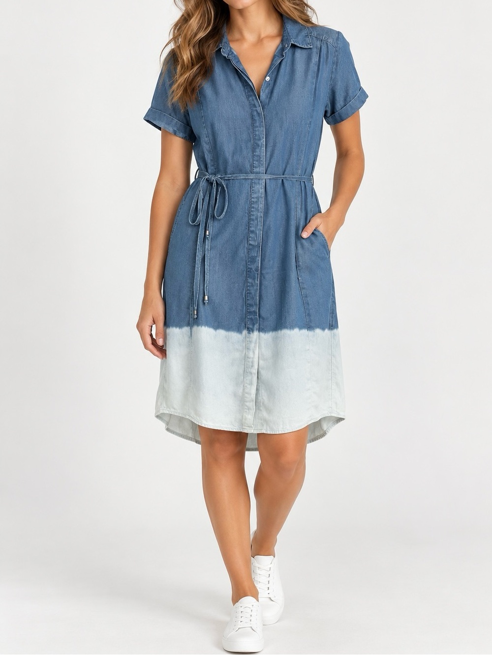 Splendid XS Tencel Chambray Shirt Dress Blue Dip Dye Ombre Belted